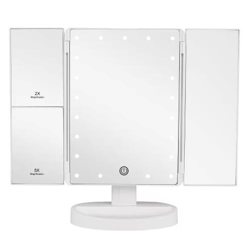 Built-in 21 Led Lights Smart Touch Screen Trifold Make Up Mirror With Storage Tray